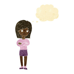 cartoon friendly girl rolling eyes with thought bubble