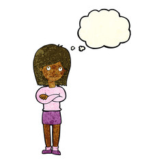 cartoon friendly girl rolling eyes with thought bubble