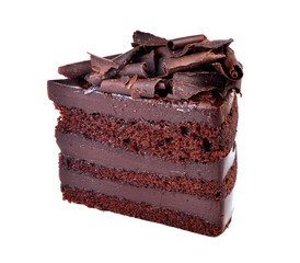 Chocolate cake slice on white background.