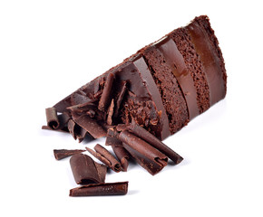 Chocolate cake slice on white background