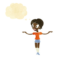 cartoon woman with arms spread wide with thought bubble