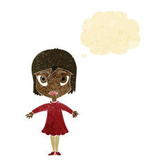 cartoon girl in dress with thought bubble