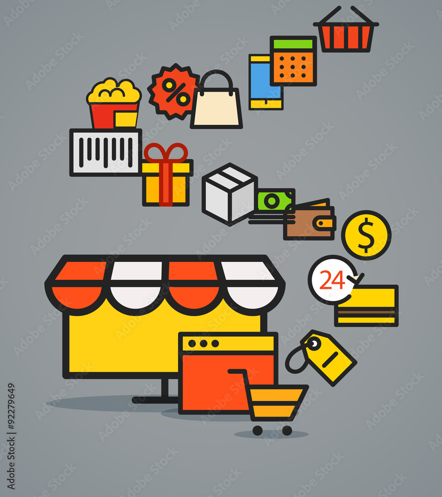 Aufkleber modern web commerce scheme. flat design shopping concept
