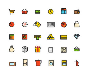 Different line style color icons set. Shopping and money