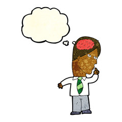 cartoon businessman with huge brain with thought bubble