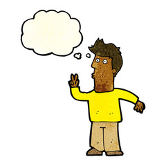 cartoon man giving peace sign with thought bubble