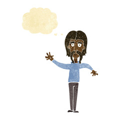 cartoon waving man with mustache with thought bubble