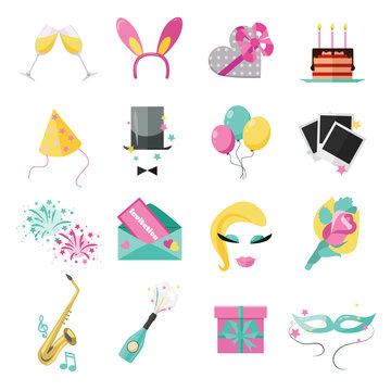 Holiday and party icons set with colorful balloons, cake
