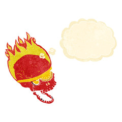 cartoon spooky skull with eye patch with thought bubble