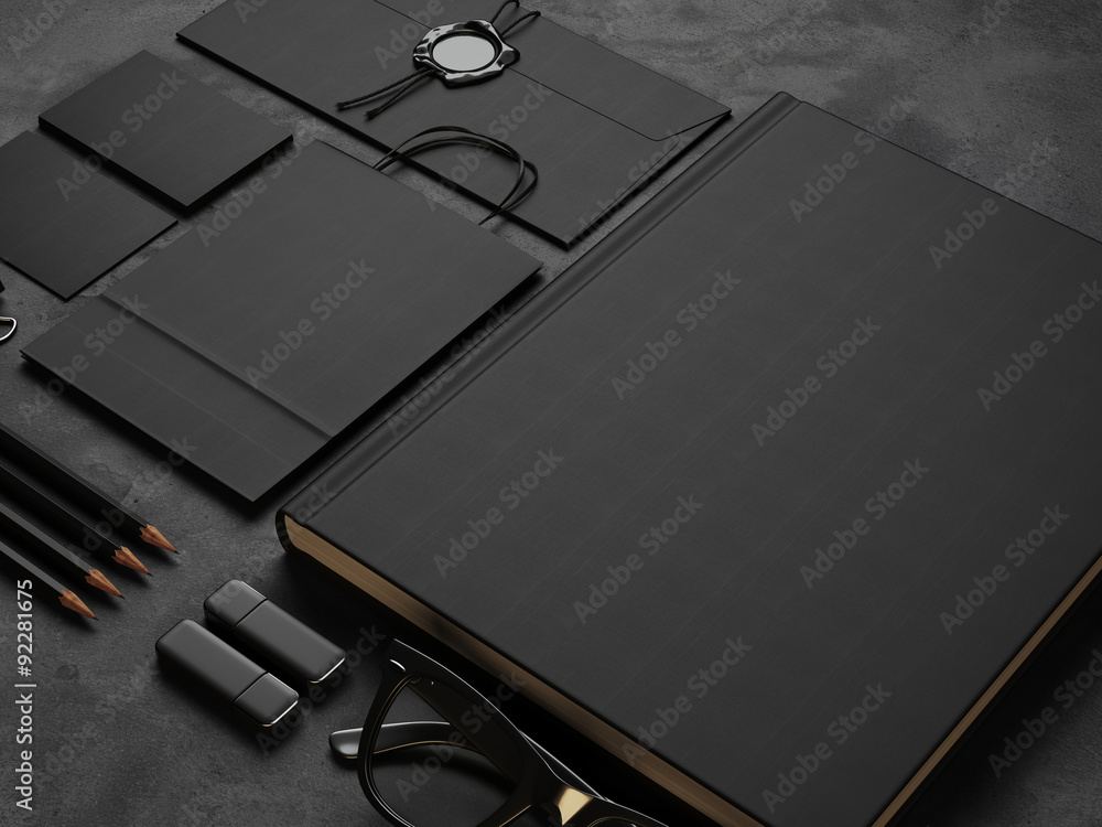 Poster set of mock up elements on black background. 3d render