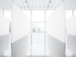 Mock up of empty white gallery interior with windows. 3d render