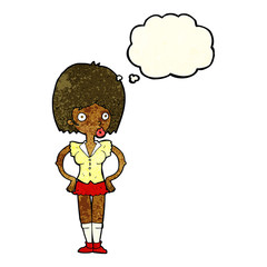cartoon woman with hands on hips with thought bubble