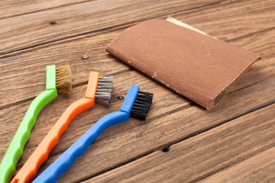 Wire Brush Sandpaper Equipment Background Wood Teak Still Life