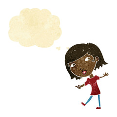 cartoon happy girl gesturing to follow with thought bubble