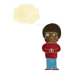 cartoon shy boy with thought bubble