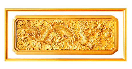 Fototapeta premium Golden dragon stucco decoration elements on white with frame