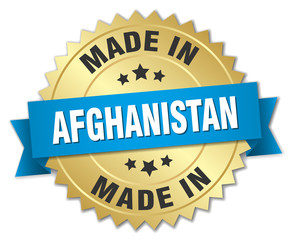 made in Afghanistan gold badge with blue ribbon