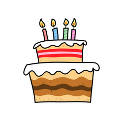 Birthday Cake, a hand drawn vector illustration of a birthday cake with colorful candles on top of it.