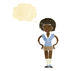 cartoon woman with hands on hips with thought bubble