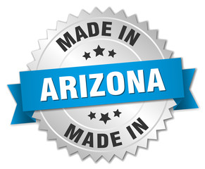 made in Arizona silver badge with blue ribbon