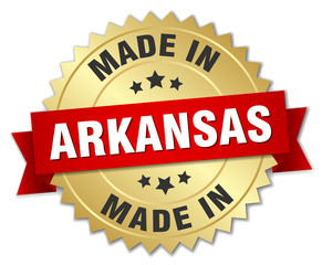 made in Arkansas gold badge with red ribbon