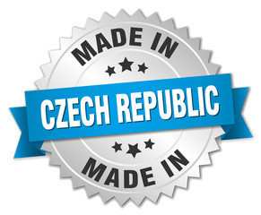 made in Czech Republic silver badge with blue ribbon