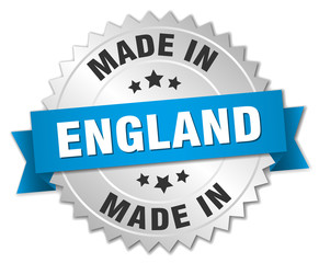 made in England silver badge with blue ribbon