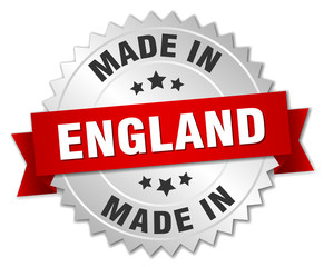 made in England silver badge with red ribbon