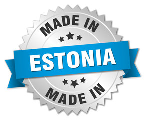 made in Estonia silver badge with blue ribbon