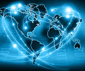 Fototapeta na wymiar World map on a technological background, glowing lines symbols