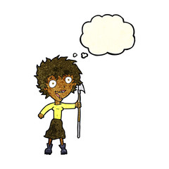 cartoon crazy woman with spear with thought bubble