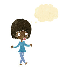 cartoon confused woman with thought bubble