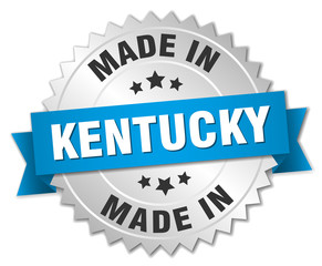 made in Kentucky silver badge with blue ribbon