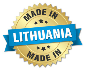 made in Lithuania gold badge with blue ribbon