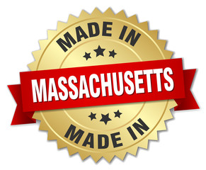 made in Massachusetts gold badge with red ribbon