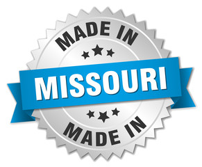 made in Missouri silver badge with blue ribbon