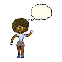 cartoon waving woman wearing spectacles with thought bubble
