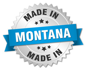 made in Montana silver badge with blue ribbon