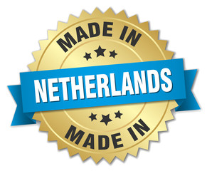 made in Netherlands gold badge with blue ribbon