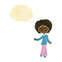 cartoon happy woman with thought bubble