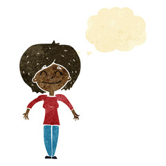 cartoon woman shrugging shoulders with thought bubble