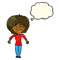 cartoon woman shrugging shoulders with thought bubble
