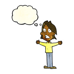 cartoon frightened man with thought bubble