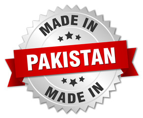 made in Pakistan silver badge with red ribbon