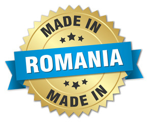 made in Romania gold badge with blue ribbon