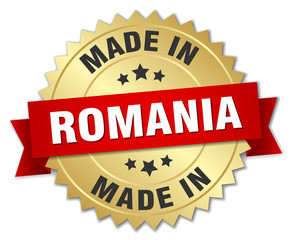 made in Romania gold badge with red ribbon