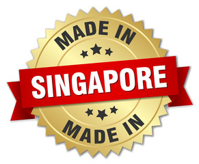 made in Singapore gold badge with red ribbon