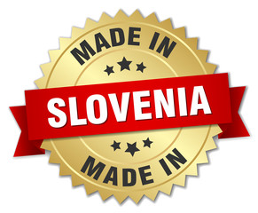 made in Slovenia gold badge with red ribbon