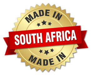 made in South Africa gold badge with red ribbon
