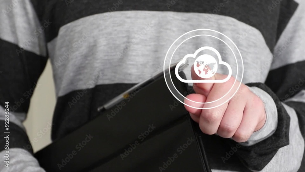 Poster businessman touch button interface cloud map communication